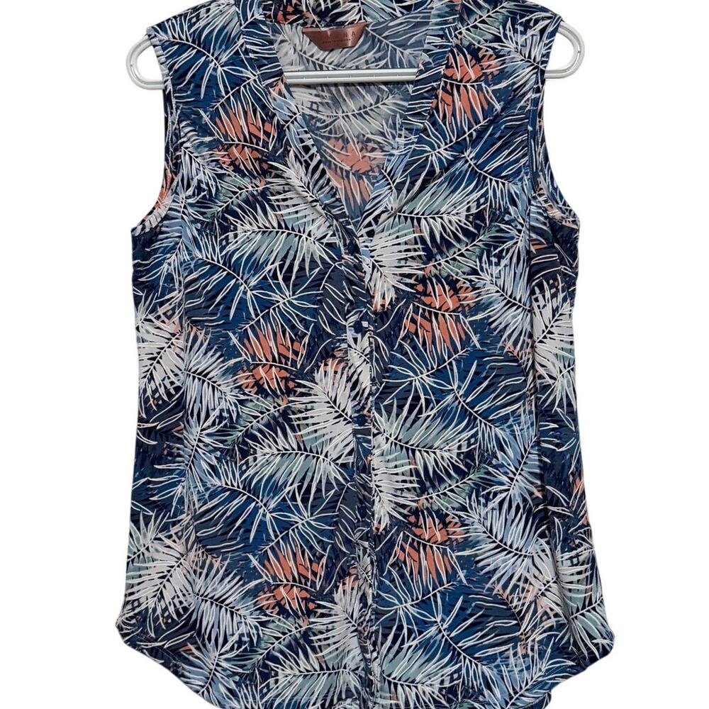 Amana Women's Sleeveless V-Neck Blue Peach Green Leave Button Front Size L